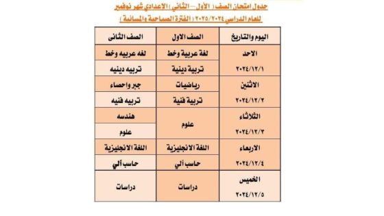 جدول امتحانات الصف الاول والثاني الاعدادي بالجيزة نوفمبر 2024